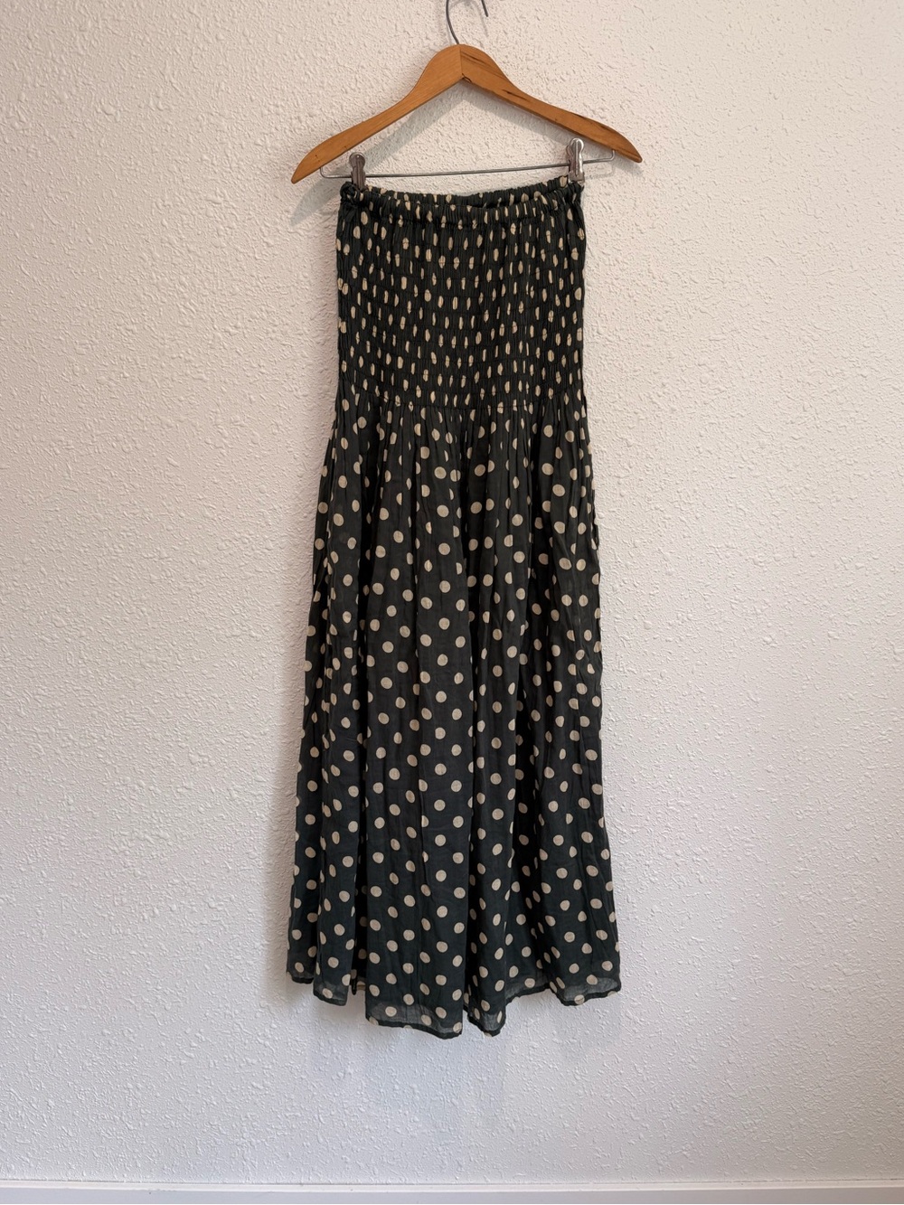 Laurence Dolige Paris green cream polka dot cotton smocked midi sun dress  S
